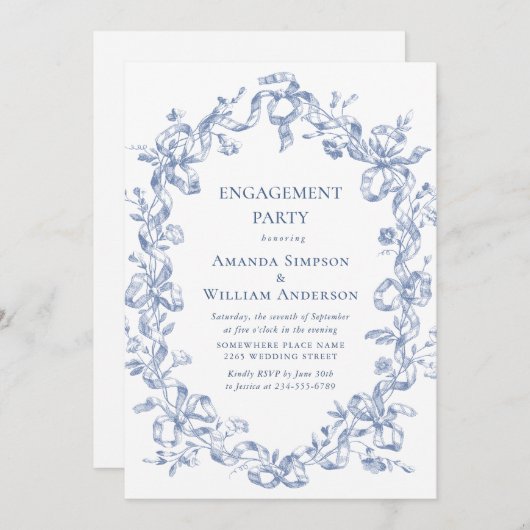 Invitation Victorian Ornate Grace Dusty Blue ENGAGEMENT PARTY (Devant / Derrière)