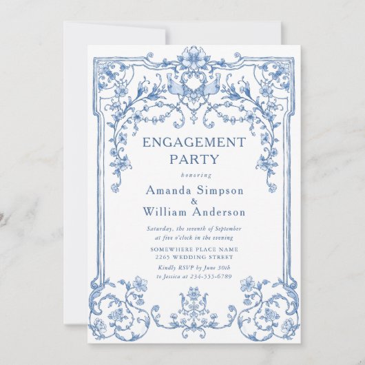 Invitation Victorian Ornate Grace Dusty Blue ENGAGEMENT PARTY (Devant)