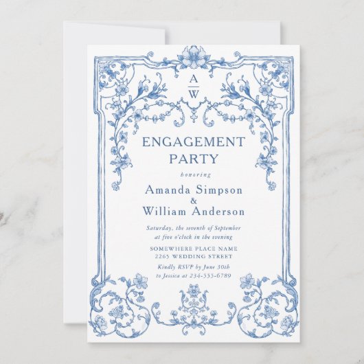 Invitation Victorian Ornate Grace Dusty Blue ENGAGEMENT PARTY (Devant)