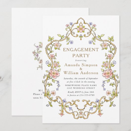 Invitation Victorian Ornate Grace Floral ENGAGEMENT PARTY (Devant / Derrière)