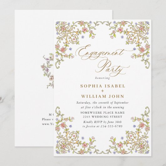 Invitation Victorian Ornate Grace Floral ENGAGEMENT PARTY (Devant / Derrière)