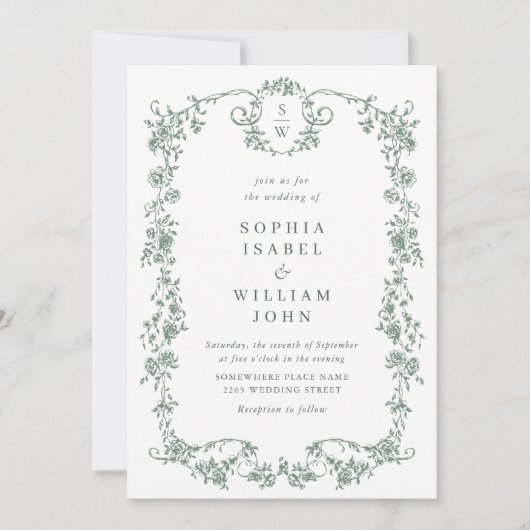 Invitation Victorian Ornate Grace Green Photo Code QR Mariage (Devant)