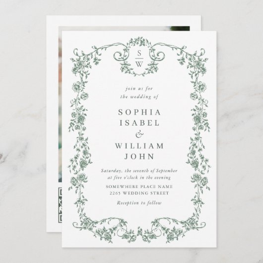 Invitation Victorian Ornate Grace Green Photo Code QR Mariage (Devant / Derrière)