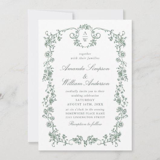 Invitation Victorian Ornate Grace Green Photo Code QR Mariage (Devant)