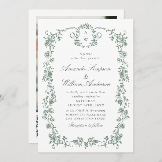 Invitation Victorian Ornate Grace Green Photo Code QR Mariage (Devant / Derrière)
