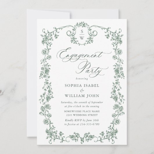 Invitation Victorian Ornate Grace Sage Green ENGAGEMENT PARTY (Devant)