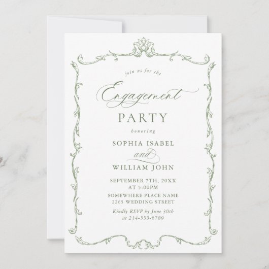 Invitation Victorian Ornate Grace Sage Green ENGAGEMENT PARTY (Devant)