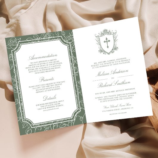 Invitation Victorian Sage Green Catholic QR Code Wedding
