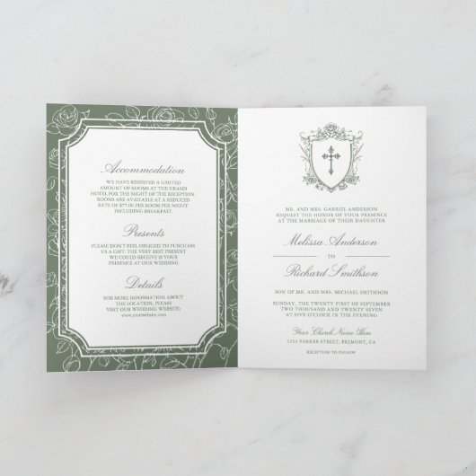 Invitation Victorian Sage Green Catholic QR Code Wedding (Intérieur)
