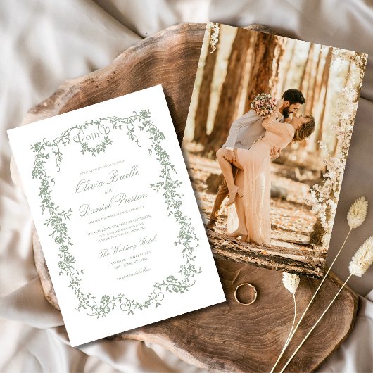 Invitation Victorian Sage Green Photo Monogramme Mariage