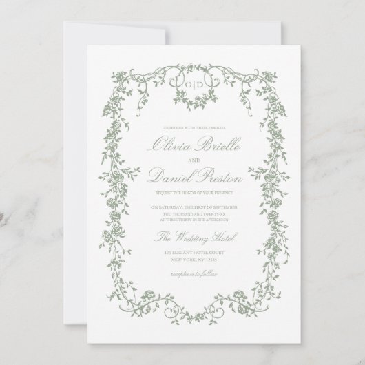 Invitation Victorian Sage Green QR Code Floral Mariage (Devant)
