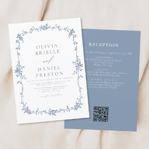 Invitation Victorian Vintage QR Code Blue Floral Mariage