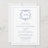 Invitation Victorien Baroque Floral Crest Blue Mariage (Devant)