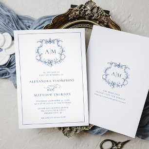 Invitation Victorien Baroque Floral Crest Blue Mariage