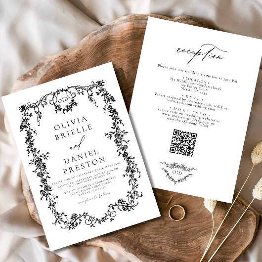 Invitation Victorien Français Noir QR Code Tout en un Mariage