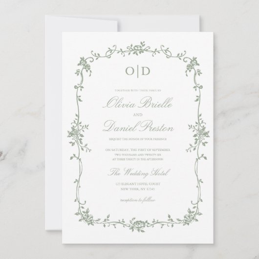 Invitation Victorien français QR Code Sage Mariage vert (Devant)