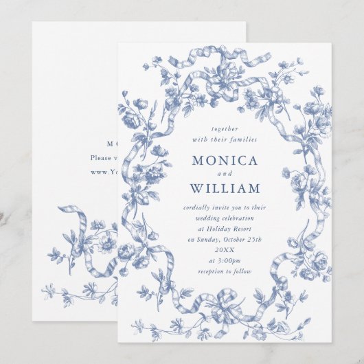 Invitation Victorien Ornate Grace Floral Dusty Mariage bleu (Devant / Derrière)