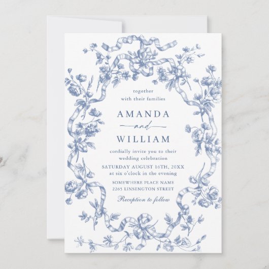 Invitation Victorien Ornate Grace Floral Dusty Mariage bleu (Devant)
