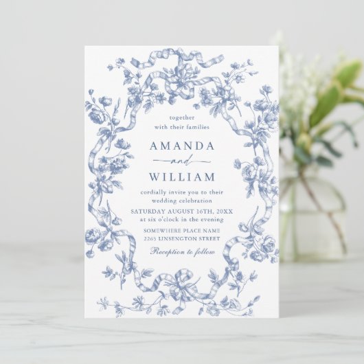 Invitation Victorien Ornate Grace Floral Dusty Mariage bleu (Debout devant)