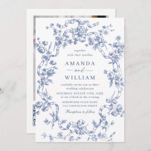 Invitation Victorien Ornate Grace Floral Dusty Mariage bleu (Devant / Derrière)