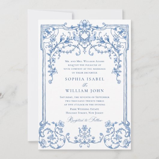 Invitation Victorien Ornate Grace Floral Dusty Mariage bleu (Devant)
