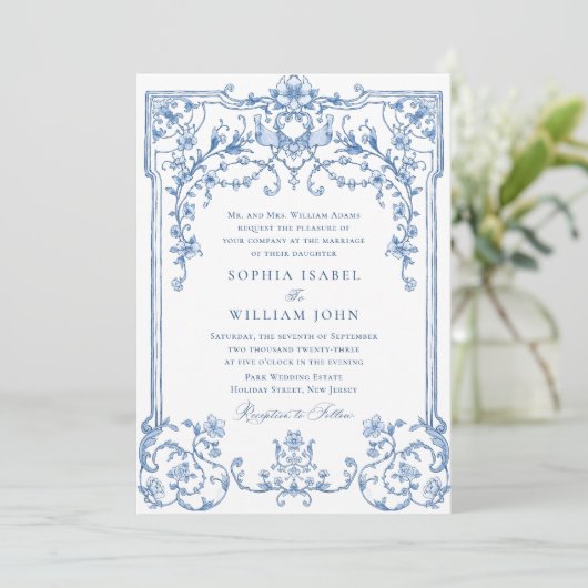 Invitation Victorien Ornate Grace Floral Dusty Mariage bleu (Debout devant)
