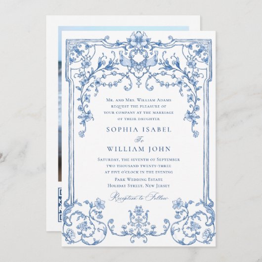 Invitation Victorien Ornate Grace Floral Dusty Mariage bleu (Devant / Derrière)