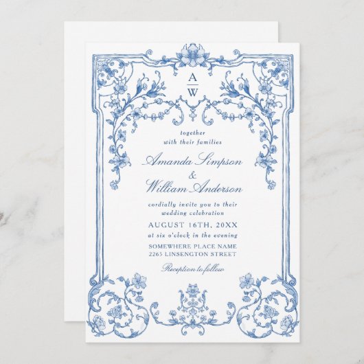 Invitation Victorien Ornate Grace Floral Dusty Mariage bleu (Devant / Derrière)