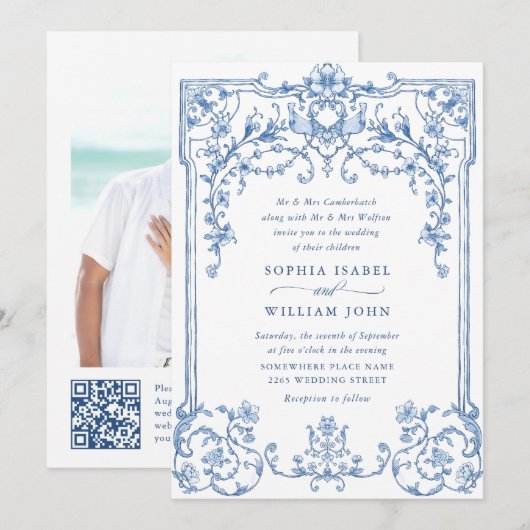 Invitation Victorien Ornate Grace Floral Dusty Mariage bleu (Devant / Derrière)