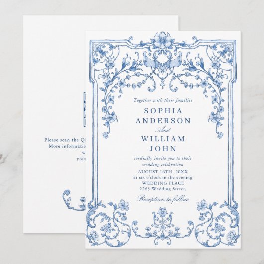 Invitation Victorien Ornate Grace Floral Dusty Mariage bleu (Devant / Derrière)