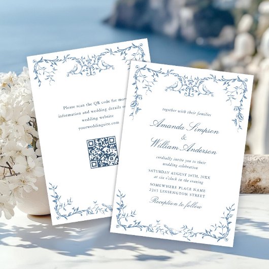 Invitation Victorien Ornate Grace Floral Dusty Mariage bleu