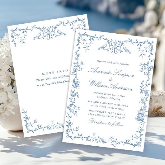 Invitation Victorien Ornate Grace Floral Dusty Mariage bleu