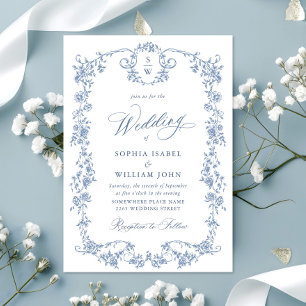 Invitation Victorien Ornate Grace Floral Dusty Mariage bleu