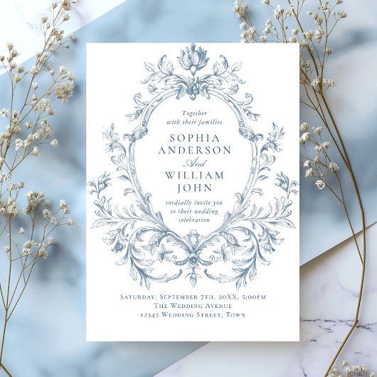 Invitation Victorien Ornate Grace Floral Dusty Mariage bleu