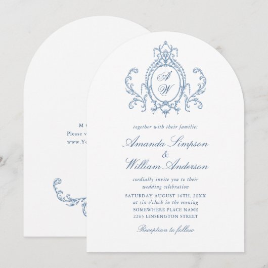 Invitation Victorien Ornate Grace Floral Dusty Mariage bleu (Devant / Derrière)