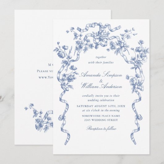 Invitation Victorien Ornate Grace Floral Dusty Mariage bleu (Devant / Derrière)
