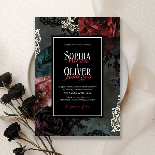 Invitation Victorien romantique gothique noir foncé Mariage
