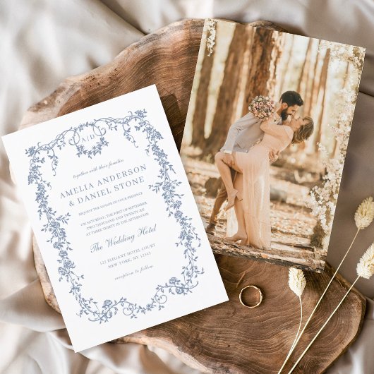 Invitation Victorien Vintage Français Photo Mariage bleu