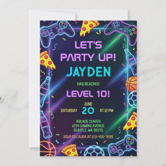 Invitation Video Game Birthday Invitation, Neon Gaming Party (Devant)