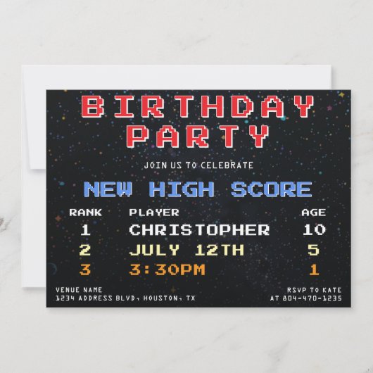 Invitation Vidéo Jeu High Score Retro 10e fête d'anniversaire (Devant)