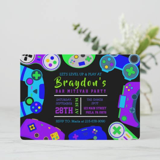 Invitation VIDÉO JEU JEU Garçons Bat mitzvah fête d'anniversa (Debout devant)