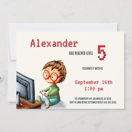 Invitation Vidéo niveau de jeu vers le haut garçon avec lunet (Devant)