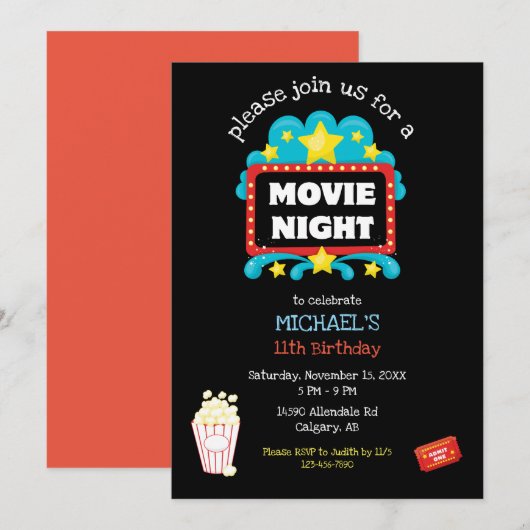 Invitation Vidéo Nuit Anniversaire Fête Enfants Popcorn Film  (Devant / Derrière)