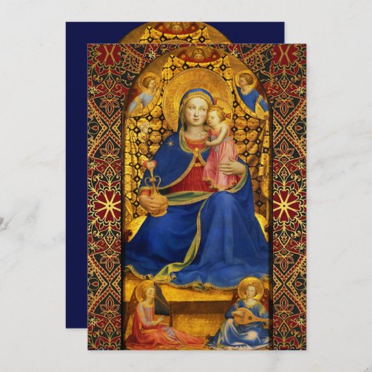Invitation VIERGE AVEC ENFANT ET ANGES Fête de Noël Bleu (Devant / Derrière)