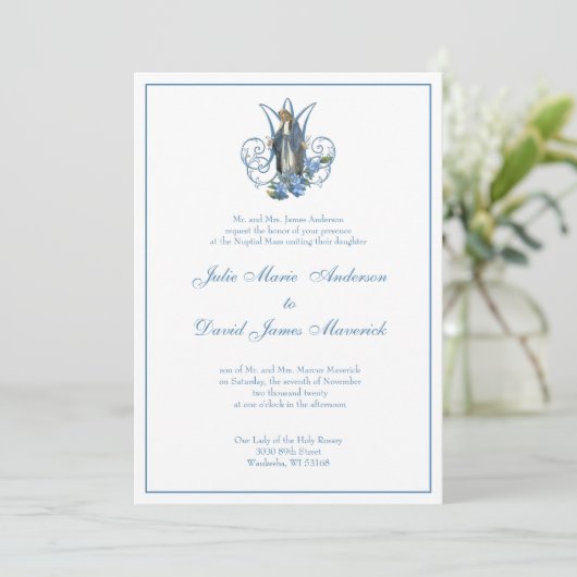 Invitation Vierge catholique Marie Mariage floral bleu (Debout devant)