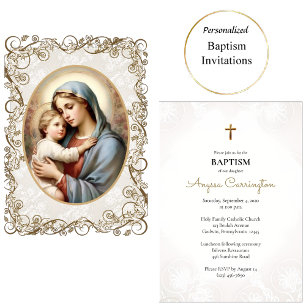 Invitation Vierge et enfant Ornate Gold Frame Baptême catholi