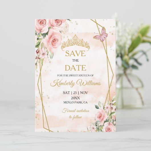 Invitation Vierge rose or Tiara Enregistrer la date 16e anniv (Debout devant)