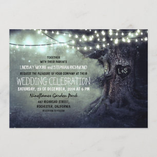 Invitation vieux arbre sculpté lumières scintillantes mariage