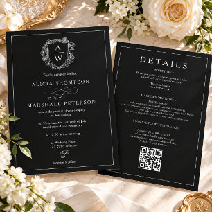 Invitation Vieux Argent Noir Floral Crest Qr Mariage Tout-en-
