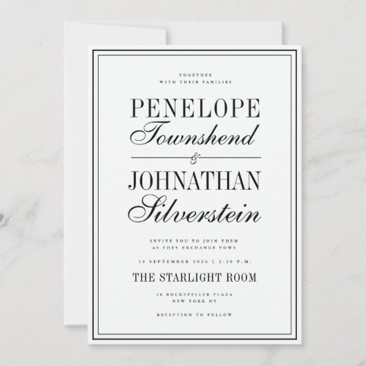 Invitation Vieux Argent Noms de Mariage Blanc Serif Script (Devant)